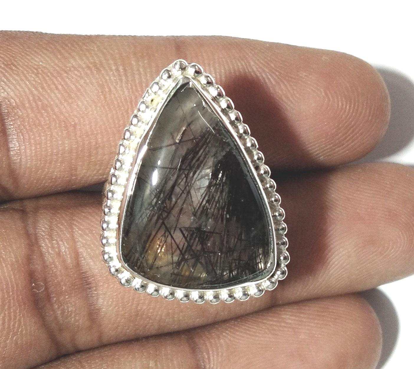 AAA+ Gemstone Black Rutile Quartz Cabochon Rings ! 925 Starling Silver Jewelry, Natural Stone Black Rutile Ring, Crystal Ring For Women Gift